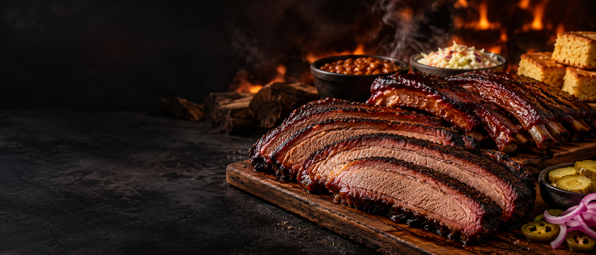 Smoked brisket and ribs arranged for a premium Texas barbecue catering spread.